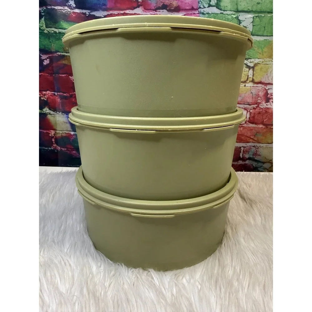 Vintage Tupperware Servalier Set of 3 Avocado Green White Starburst Canisters